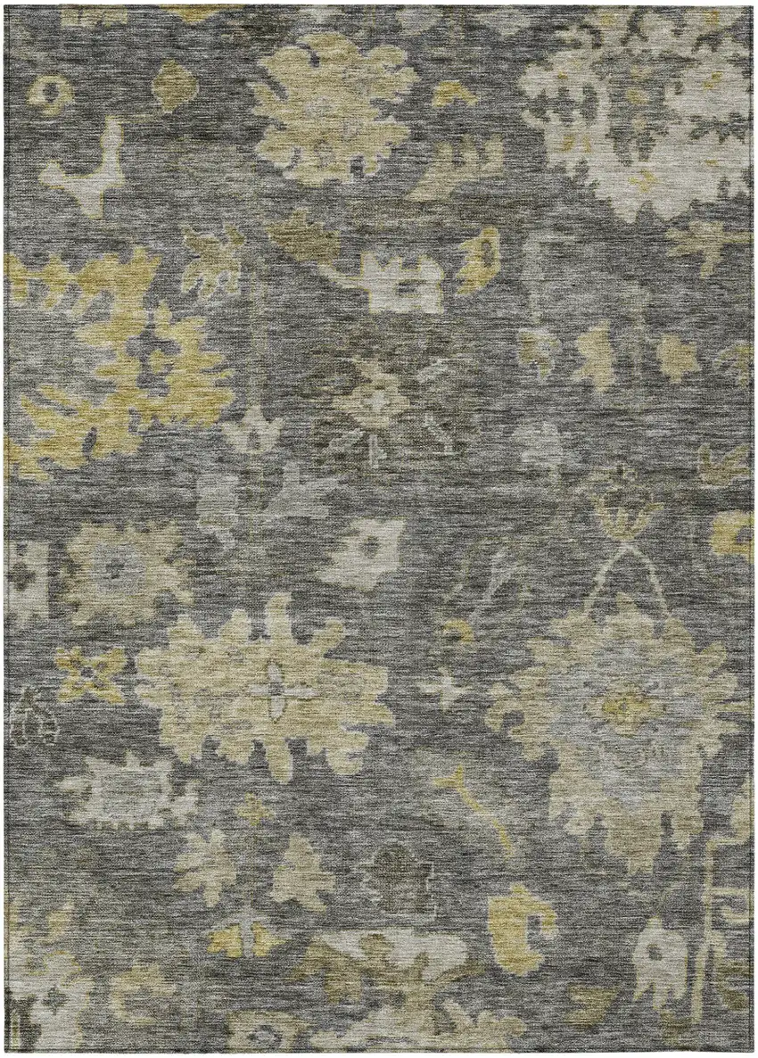 Gray And Charcoal Floral Washable Indoor Outdoor Area Rug Photo 2