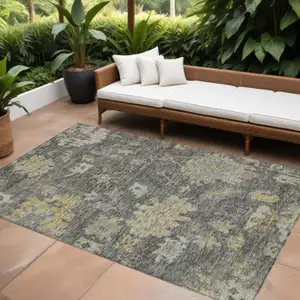 Photo of Gray And Charcoal Floral Washable Indoor Outdoor Area Rug