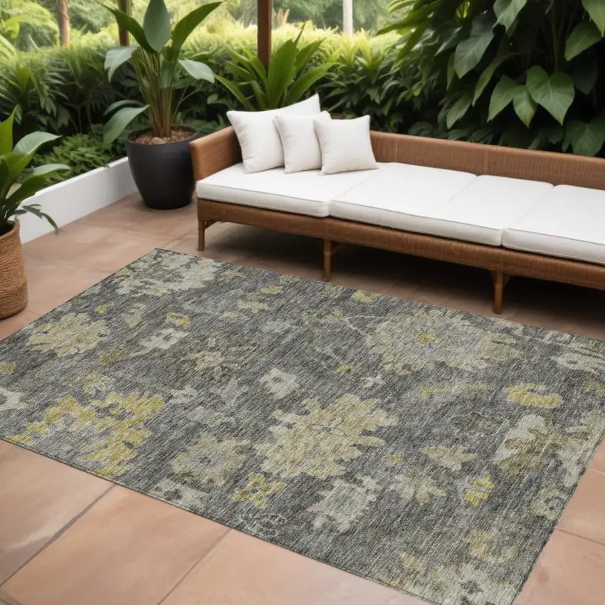 Gray And Charcoal Floral Washable Indoor Outdoor Area Rug Photo 1