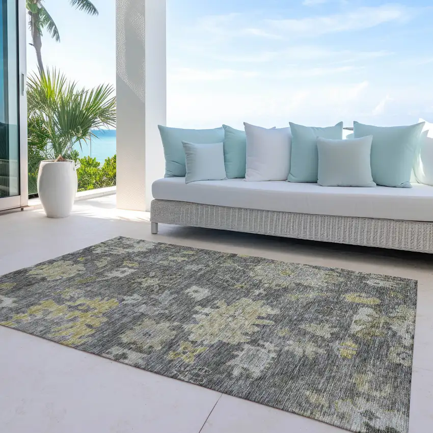 Gray And Charcoal Floral Washable Indoor Outdoor Area Rug Photo 7