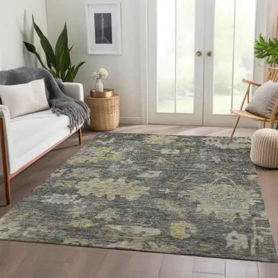 Gray And Charcoal Floral Washable Indoor Outdoor Area Rug Photo 9