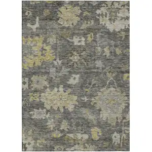 Photo of Gray And Charcoal Floral Washable Indoor Outdoor Area Rug
