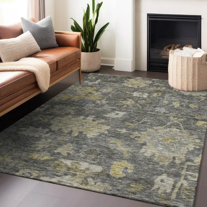 Gray And Charcoal Floral Washable Indoor Outdoor Area Rug Photo 8