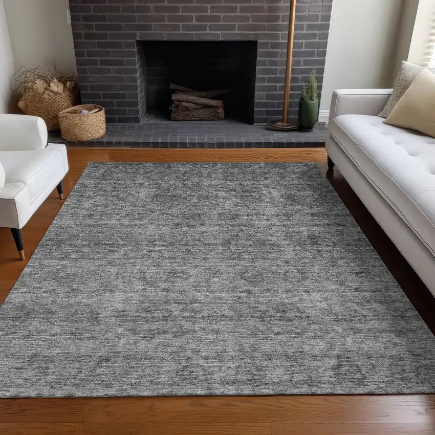 Gray And Charcoal Floral Washable Indoor Outdoor Area Rug Photo 9