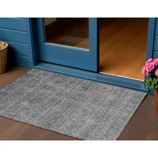 Gray And Charcoal Floral Washable Indoor Outdoor Area Rug Photo 1