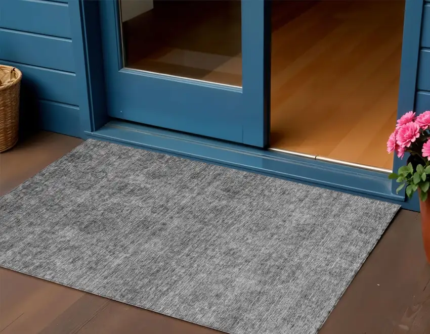 Gray And Charcoal Floral Washable Indoor Outdoor Area Rug Photo 1
