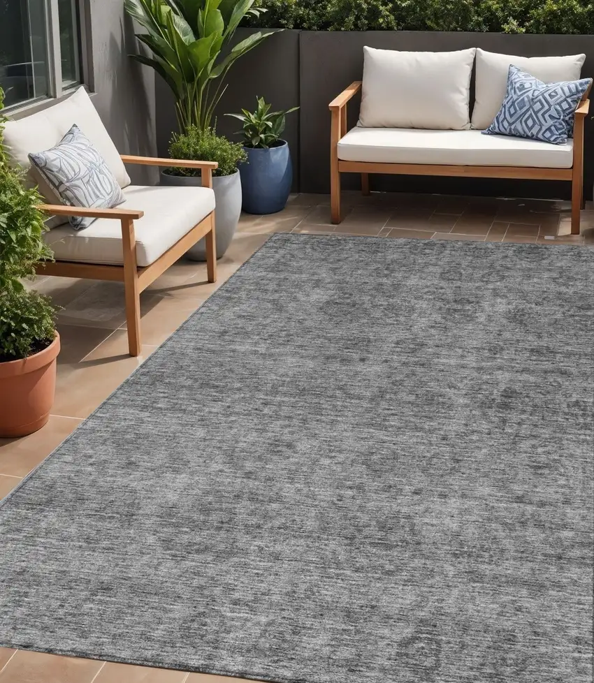 Gray And Charcoal Floral Washable Indoor Outdoor Area Rug Photo 1