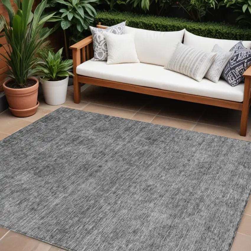 Gray And Charcoal Floral Washable Indoor Outdoor Area Rug Photo 1