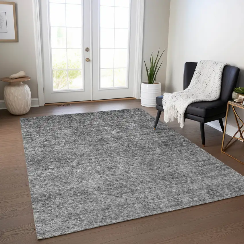 Gray And Charcoal Floral Washable Indoor Outdoor Area Rug Photo 8