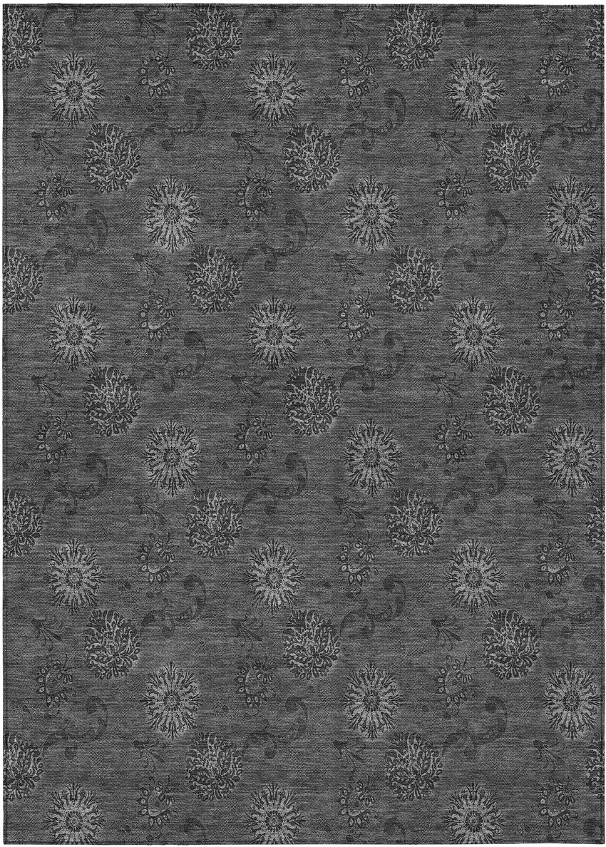 Gray And Charcoal Floral Washable Indoor Outdoor Area Rug Photo 2