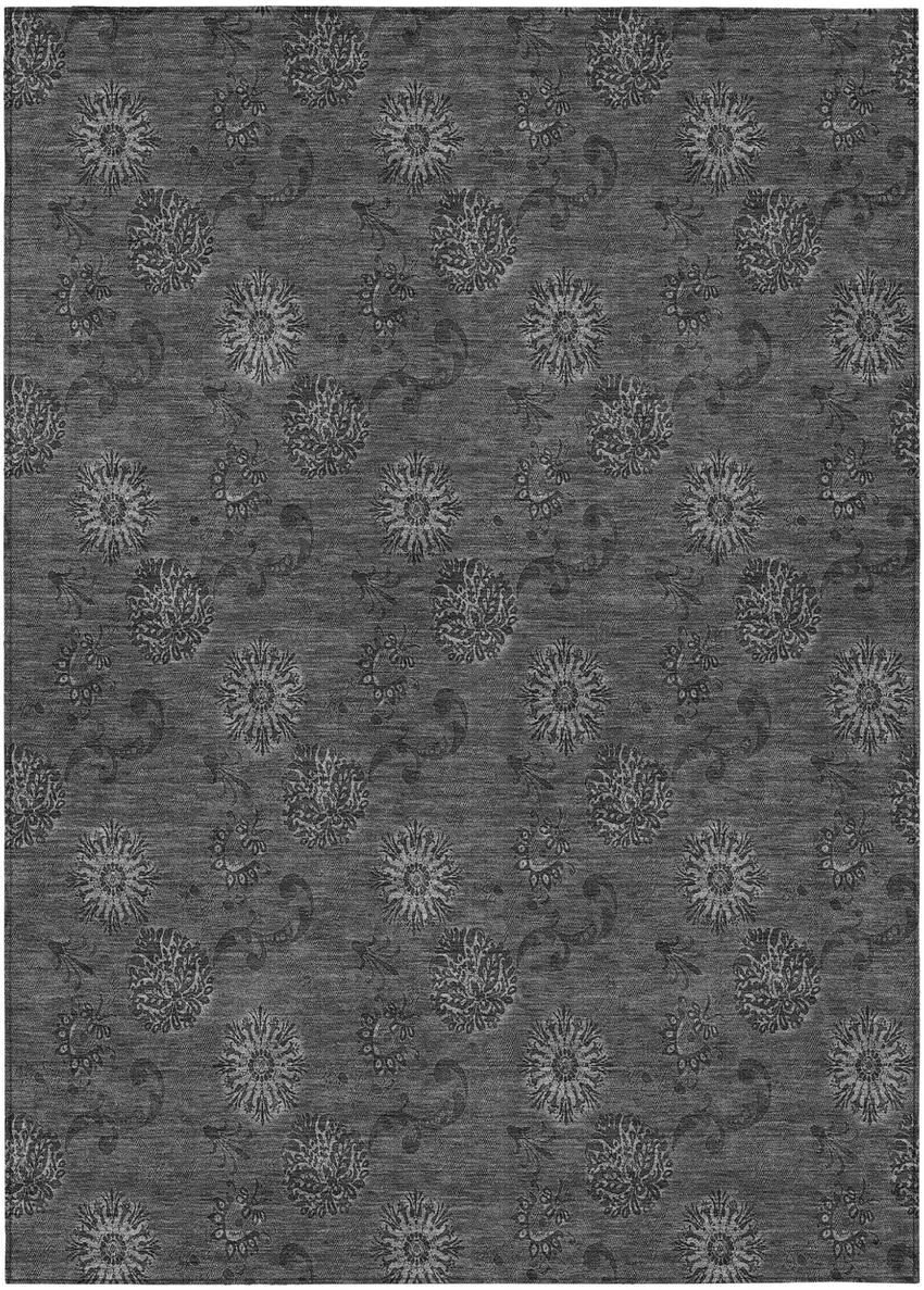 Gray And Charcoal Floral Washable Indoor Outdoor Area Rug Photo 2