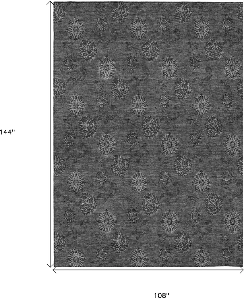 Gray And Charcoal Floral Washable Indoor Outdoor Area Rug Photo 3