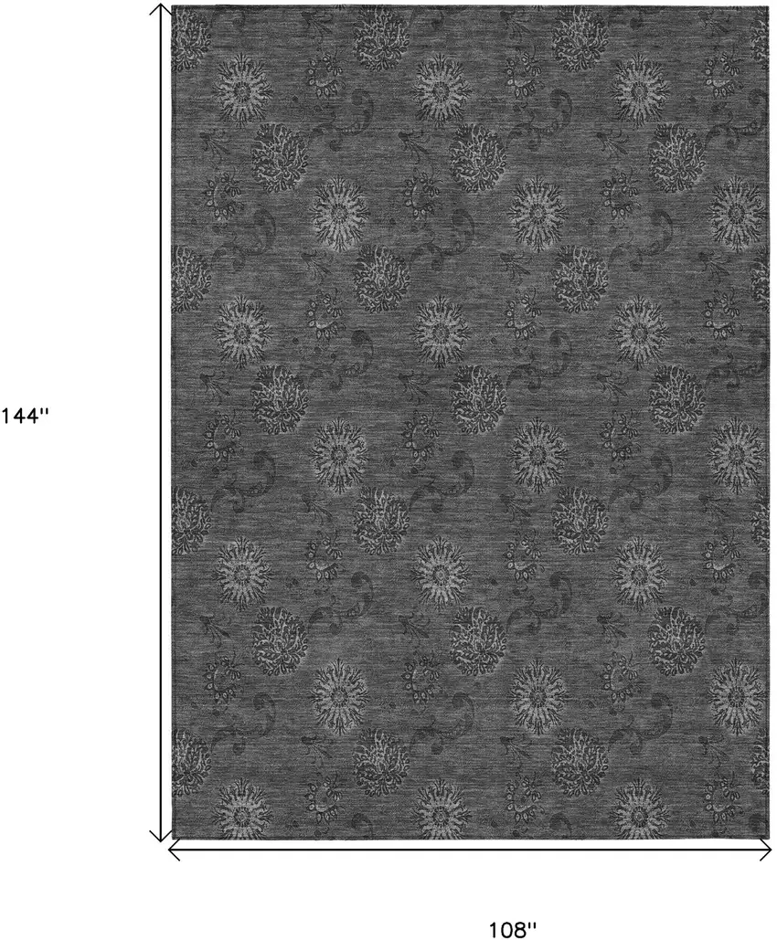 Gray And Charcoal Floral Washable Indoor Outdoor Area Rug Photo 3