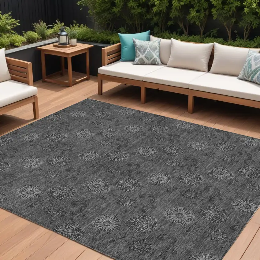 Gray And Charcoal Floral Washable Indoor Outdoor Area Rug Photo 1