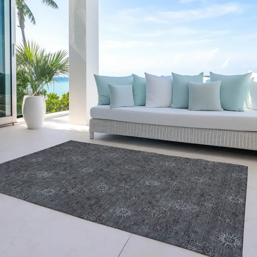 Gray And Charcoal Floral Washable Indoor Outdoor Area Rug Photo 8