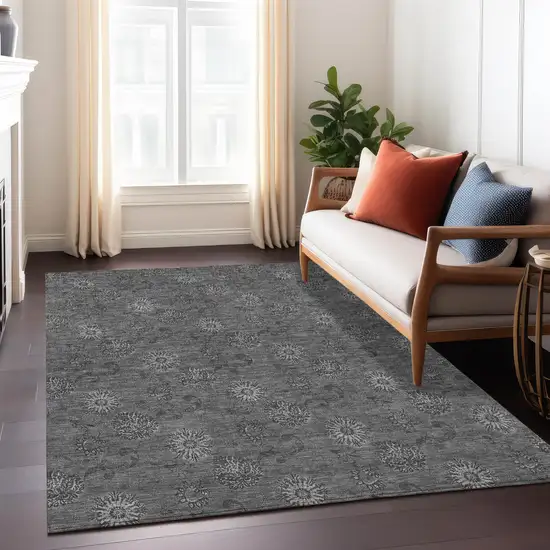 Gray And Charcoal Floral Washable Indoor Outdoor Area Rug Photo 9