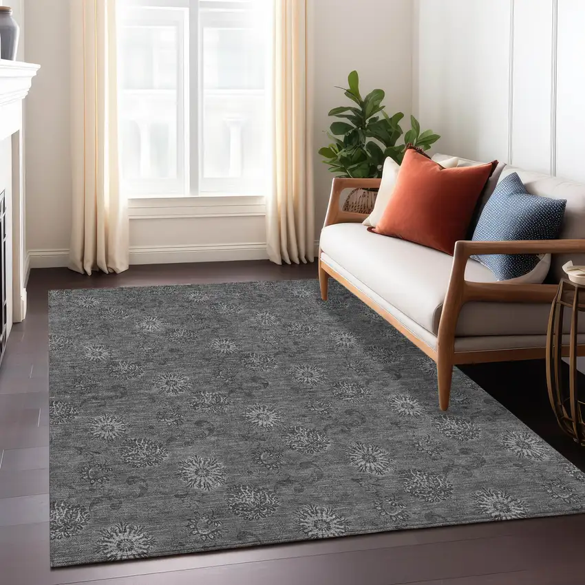Gray And Charcoal Floral Washable Indoor Outdoor Area Rug Photo 9