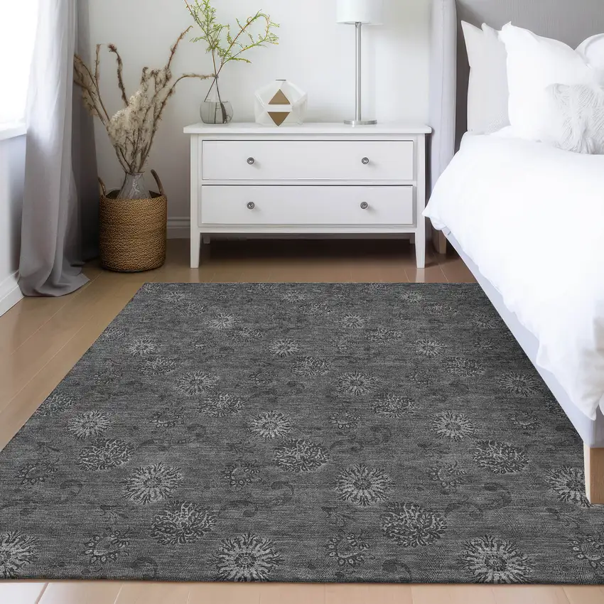 Gray And Charcoal Floral Washable Indoor Outdoor Area Rug Photo 9