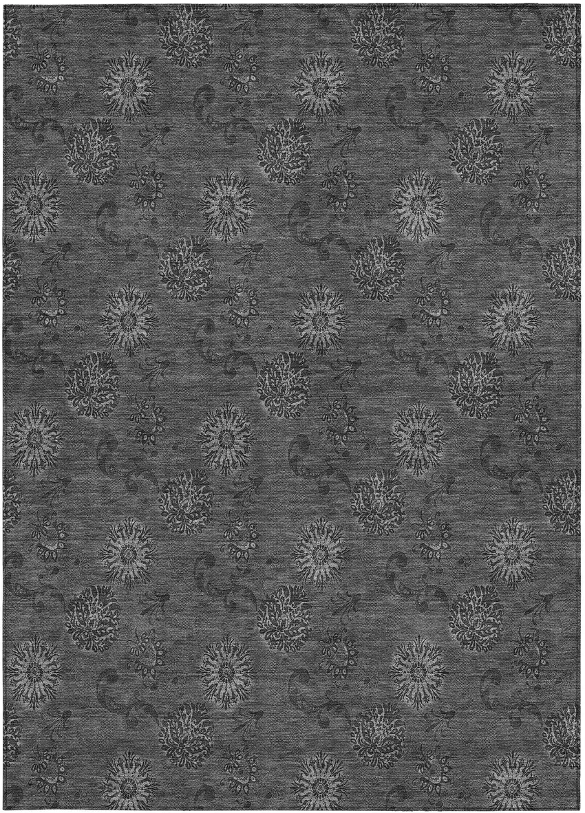 Gray And Charcoal Floral Washable Indoor Outdoor Area Rug Photo 7