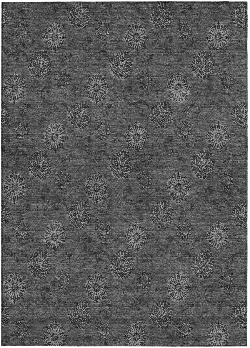 Gray And Charcoal Floral Washable Indoor Outdoor Area Rug Photo 7