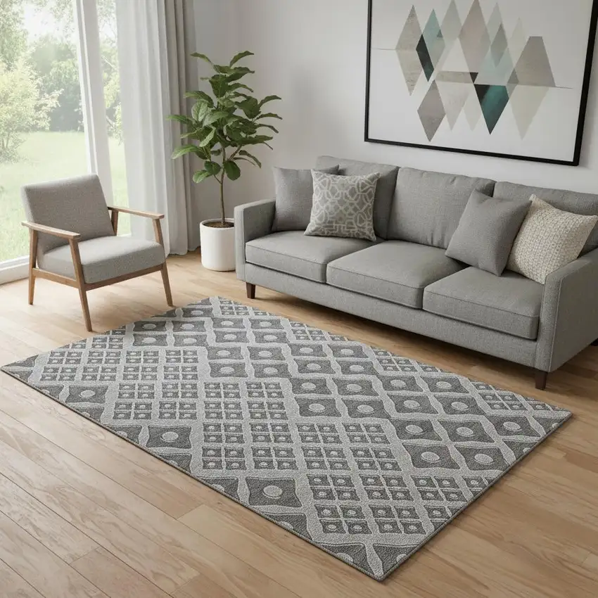 Gray And Charcoal Geometric Washable Area Rug With UV Protection Photo 1