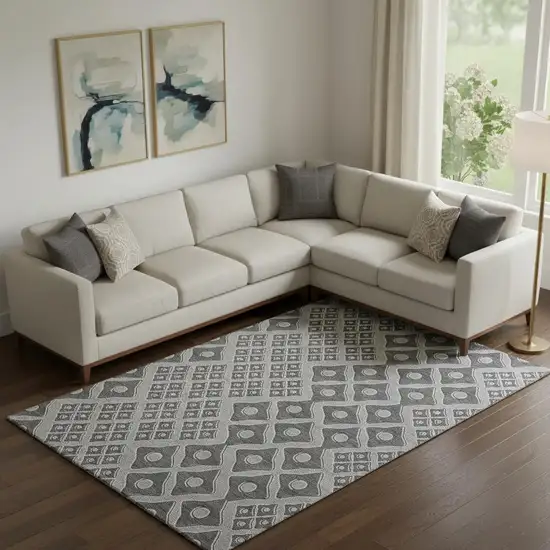 Gray And Charcoal Geometric Washable Area Rug With UV Protection Photo 1