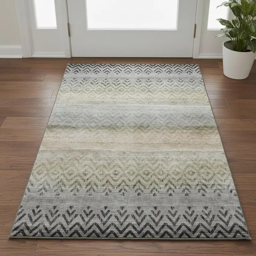 Gray And Charcoal Geometric Washable Area Rug With UV Protection Photo 2