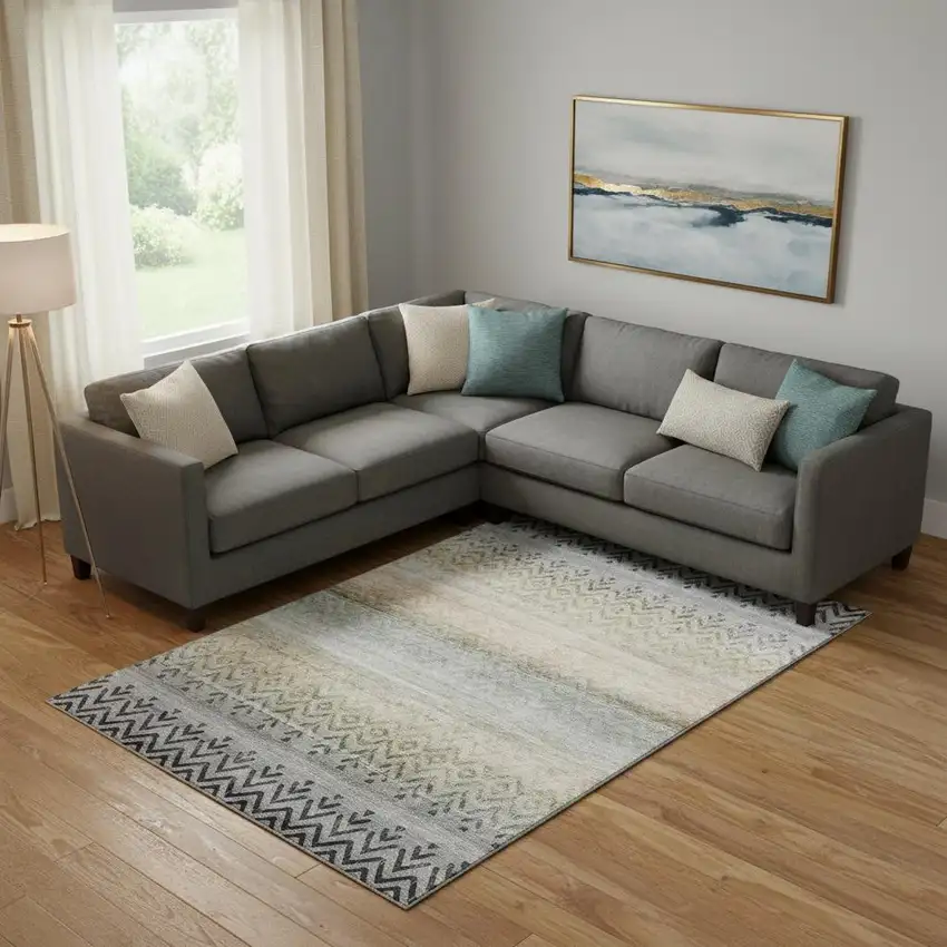 Gray And Charcoal Geometric Washable Area Rug With UV Protection Photo 2