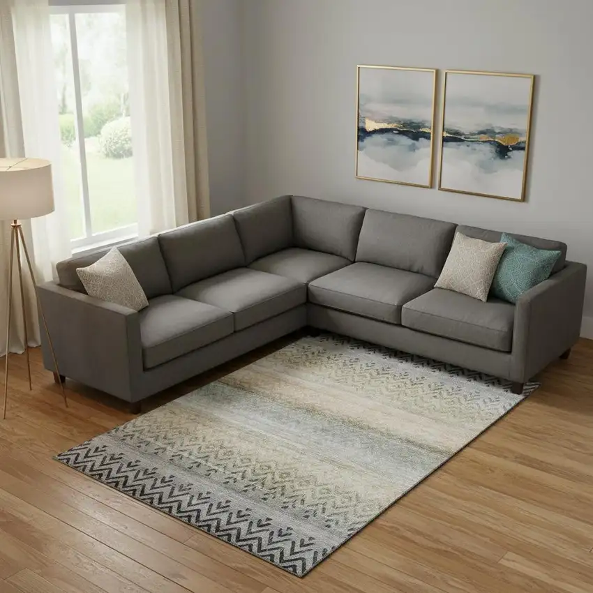 Gray And Charcoal Geometric Washable Area Rug With UV Protection Photo 1