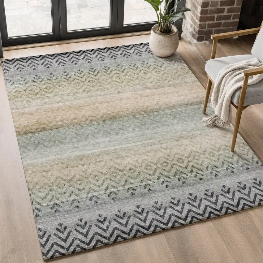 Gray And Charcoal Geometric Washable Area Rug With UV Protection Photo 5