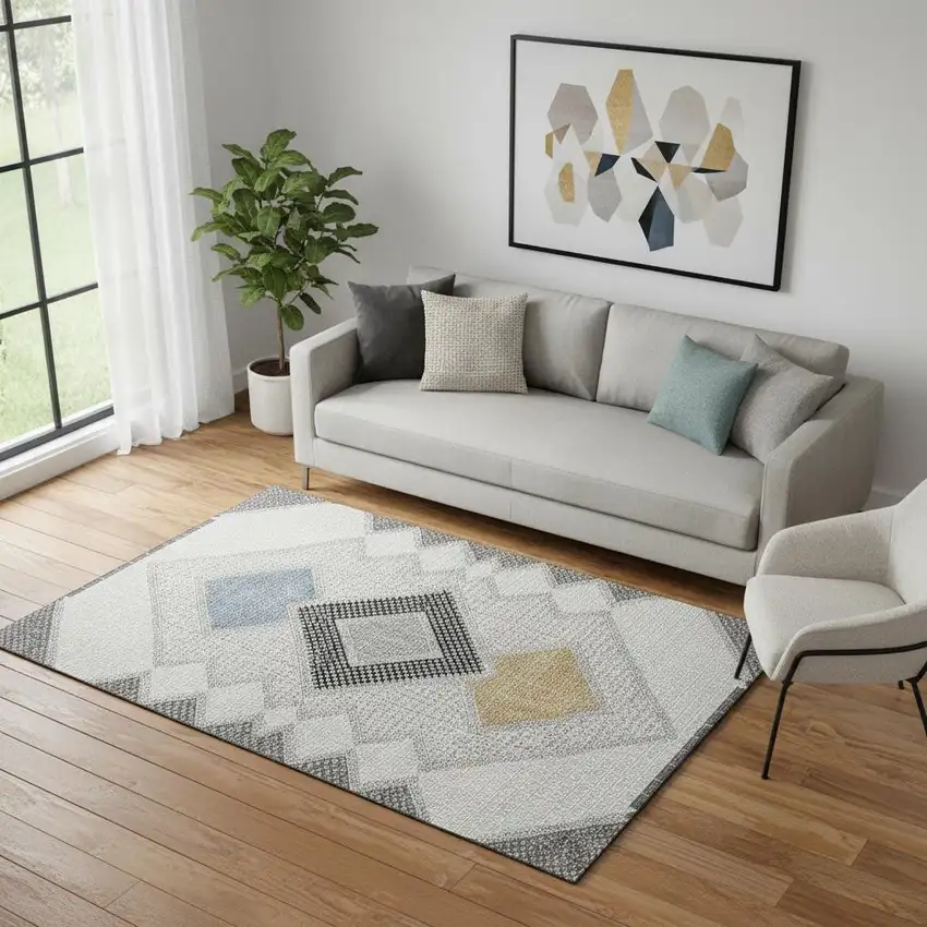 Gray And Charcoal Geometric Washable Area Rug With UV Protection Photo 2