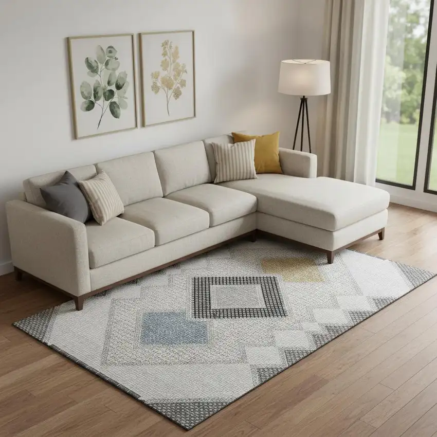 Gray And Charcoal Geometric Washable Area Rug With UV Protection Photo 2