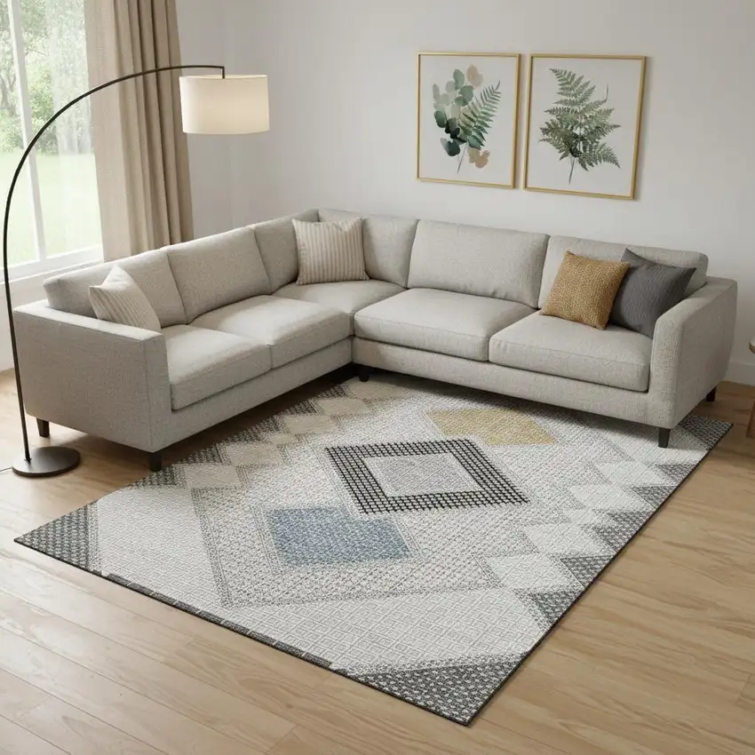 Gray And Charcoal Geometric Washable Area Rug With UV Protection Photo 2