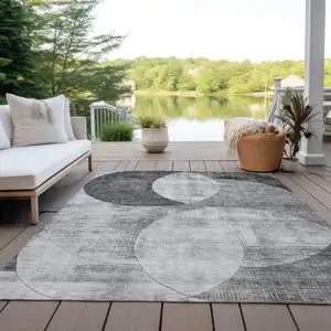 Photo of Gray And Charcoal Geometric Washable Indoor Outdoor Area Rug