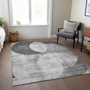 Photo of Gray And Charcoal Geometric Washable Indoor Outdoor Area Rug
