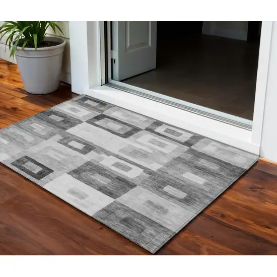 Gray And Charcoal Geometric Washable Indoor Outdoor Area Rug Photo 1