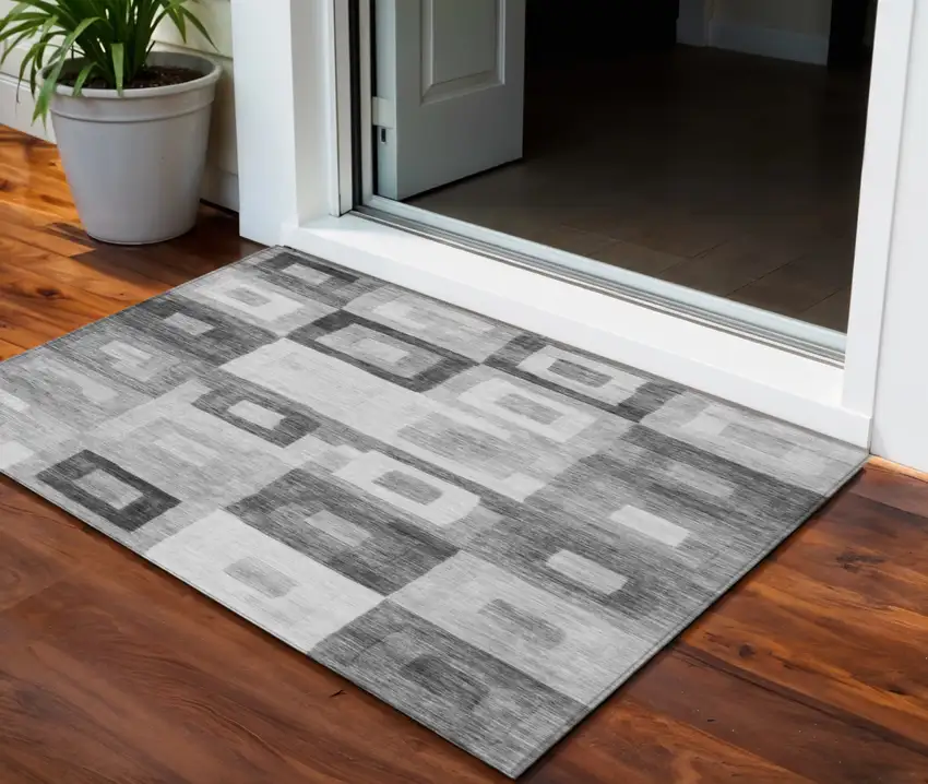 Gray And Charcoal Geometric Washable Indoor Outdoor Area Rug Photo 1