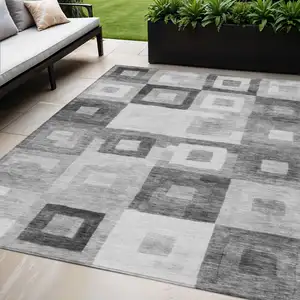 Photo of Gray And Charcoal Geometric Washable Indoor Outdoor Area Rug