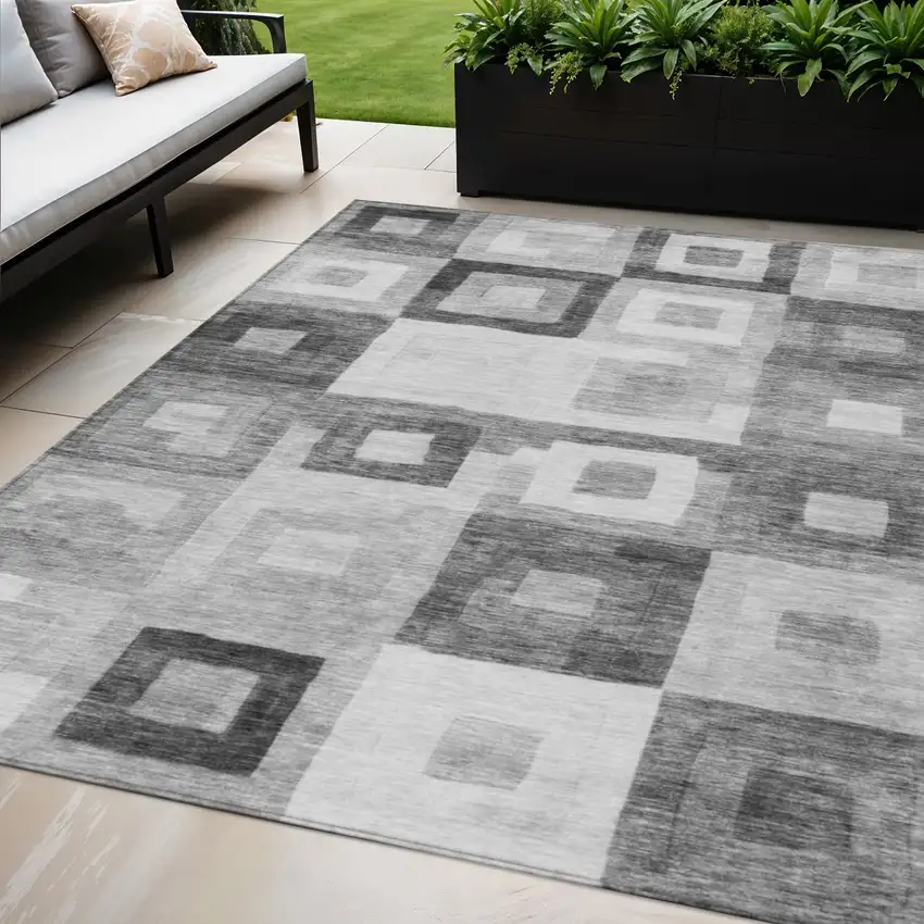 Gray And Charcoal Geometric Washable Indoor Outdoor Area Rug Photo 1
