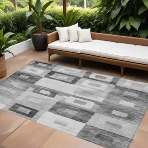 Photo of Gray And Charcoal Geometric Washable Indoor Outdoor Area Rug