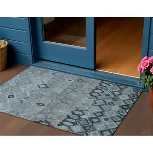 Photo of Gray And Charcoal Geometric Washable Indoor Outdoor Area Rug
