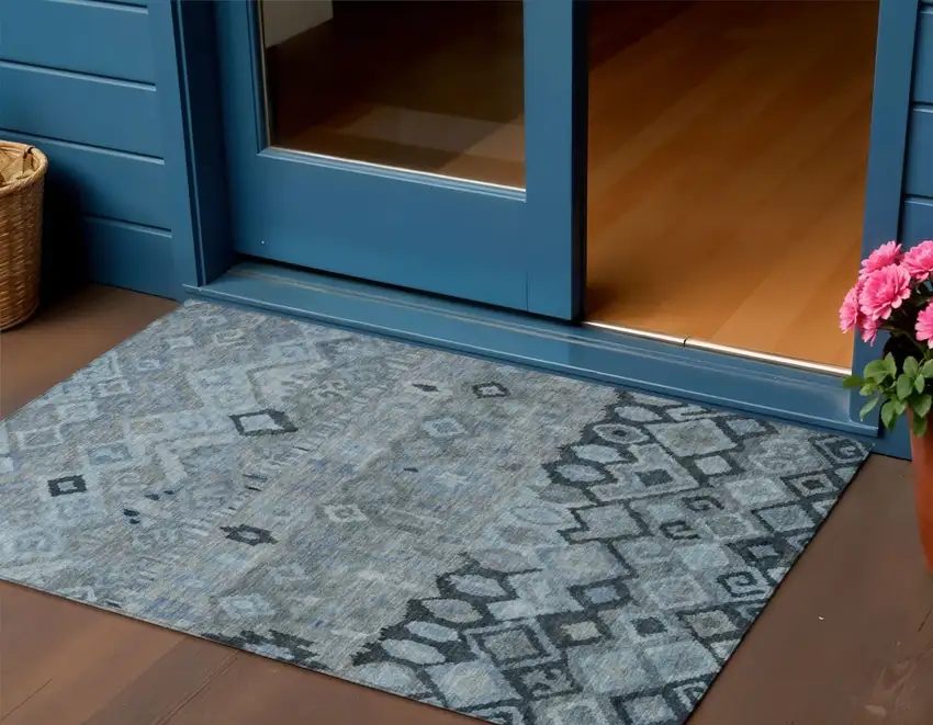 Gray And Charcoal Geometric Washable Indoor Outdoor Area Rug Photo 1