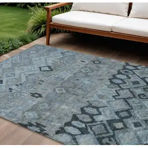 Photo of Gray And Charcoal Geometric Washable Indoor Outdoor Area Rug