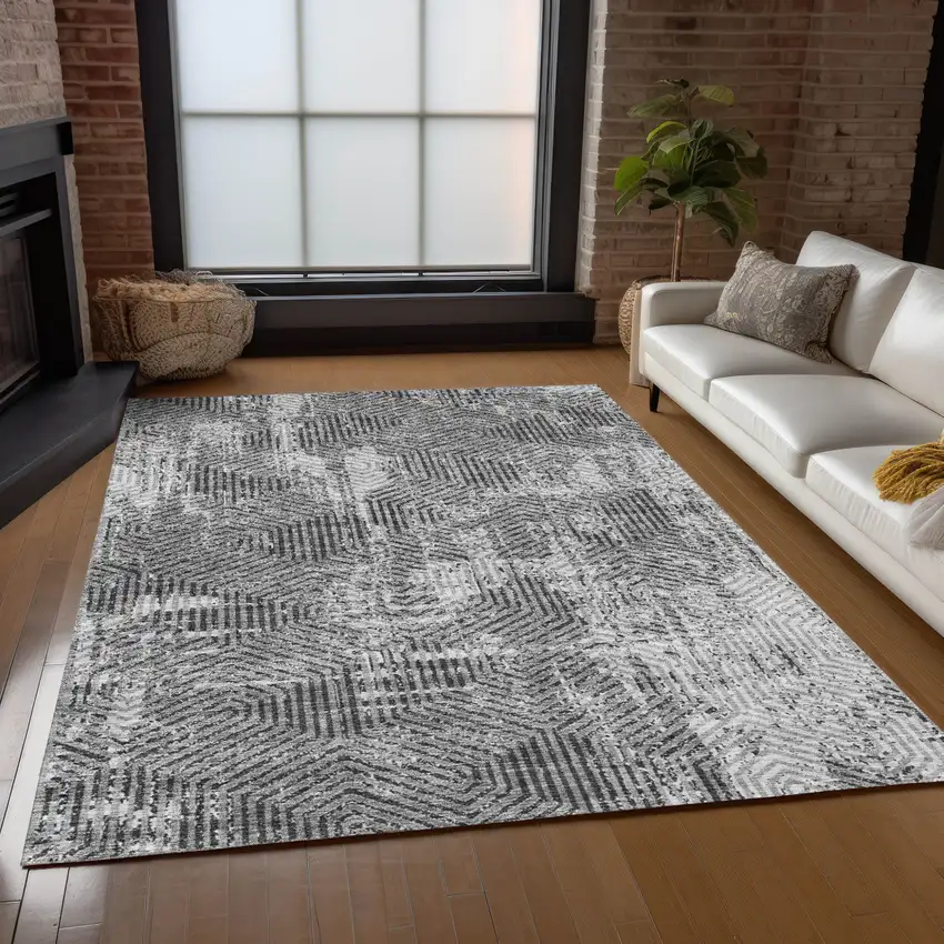 Gray And Charcoal Geometric Washable Indoor Outdoor Area Rug Photo 9