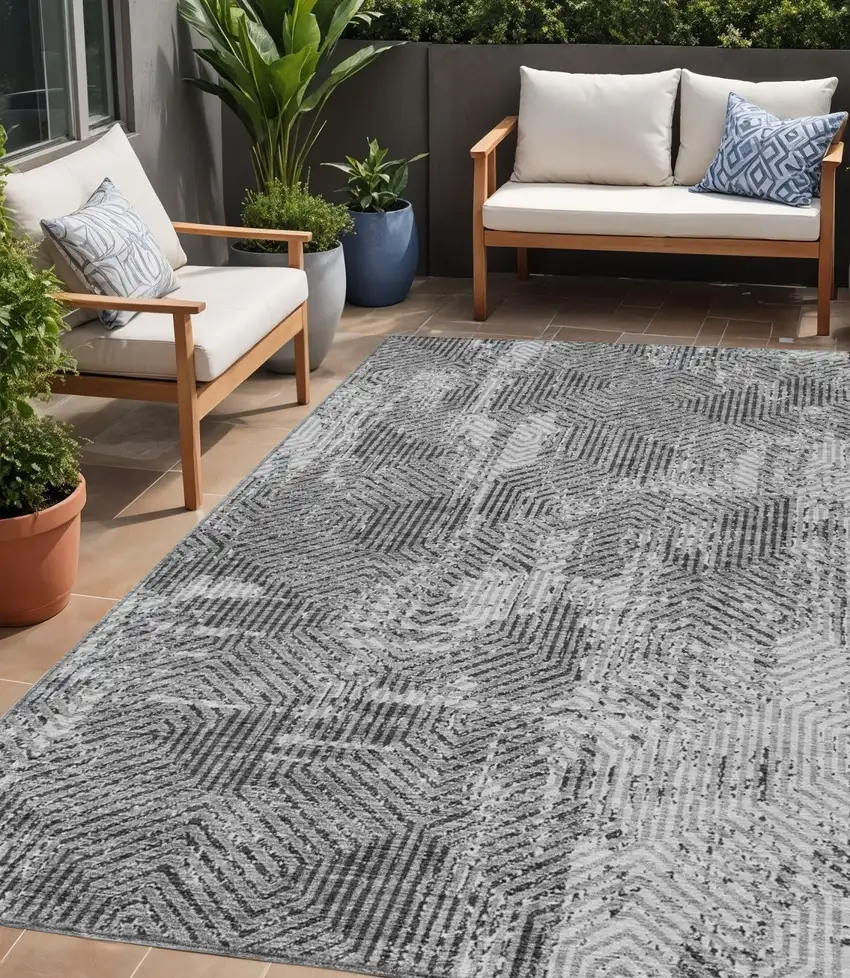 Gray And Charcoal Geometric Washable Indoor Outdoor Area Rug Photo 1