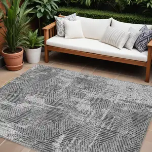Photo of Gray And Charcoal Geometric Washable Indoor Outdoor Area Rug