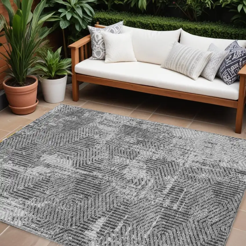 Gray And Charcoal Geometric Washable Indoor Outdoor Area Rug Photo 1