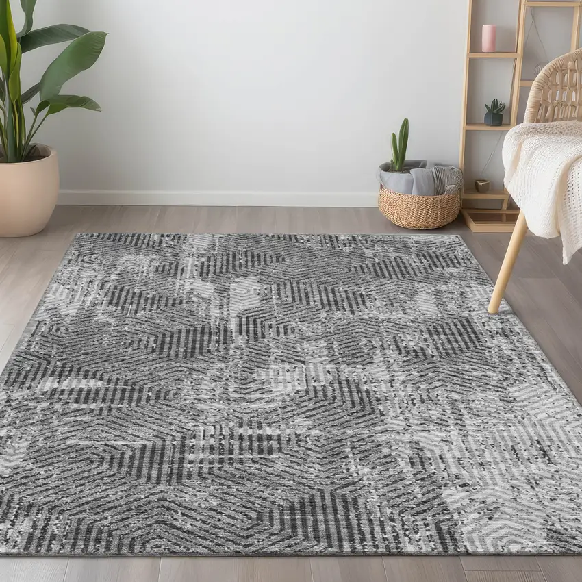 Gray And Charcoal Geometric Washable Indoor Outdoor Area Rug Photo 9