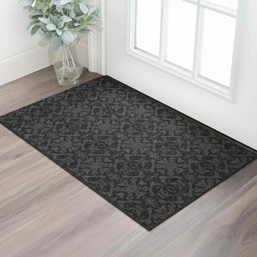 Gray And Charcoal Medallion Washable Area Rug With UV Protection Photo 1