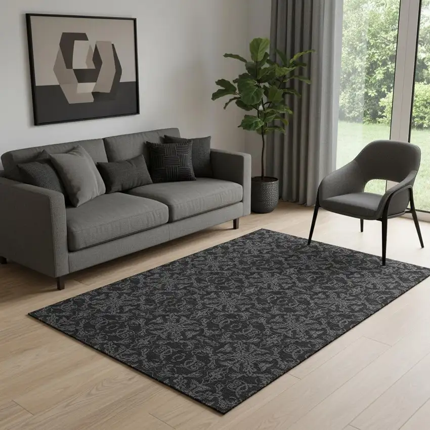 Gray And Charcoal Medallion Washable Area Rug With UV Protection Photo 1